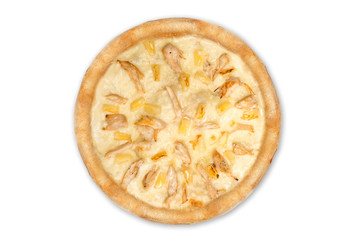Delicious italian pizza with pineapples and chicken fillet isolated on white background, top view