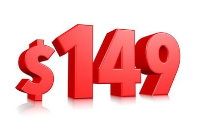 149$ One hundred forty-nine price symbol. red text 3d  render with dollar sign on white background