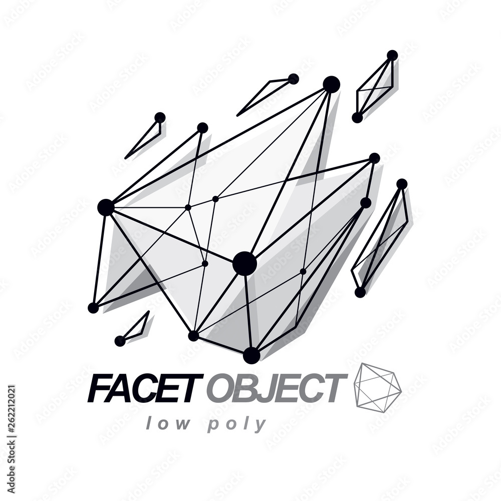 Poster 3d polygonal geometric faceted object, vector abstract design element. new technology logotype.
