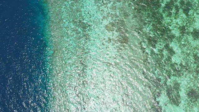 Aerial: Flying over tropical beach turquoise water coral reef , Tomia island Wakatobi National Park Indonesia Maldives Polynesia white sand beach