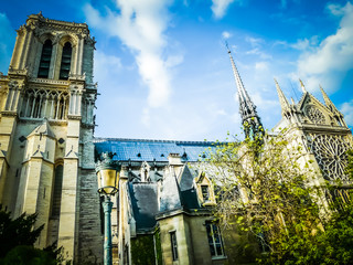 Notre-Dame de Paris or Our Lady of Paris medieval cathedral view with the spire before the fire....