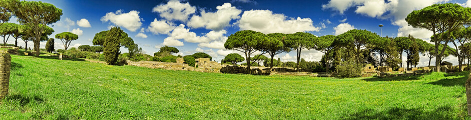 Fototapeta premium Awesome panoramic springtime landscape at Roman archaeological excavations in Ostia Antica