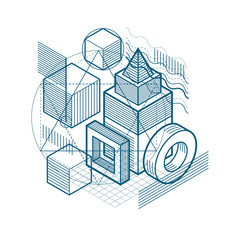 Isometric abstraction with lines and different elements, vector abstract background. Composition of cubes, hexagons, squares, rectangles and different abstract elements.