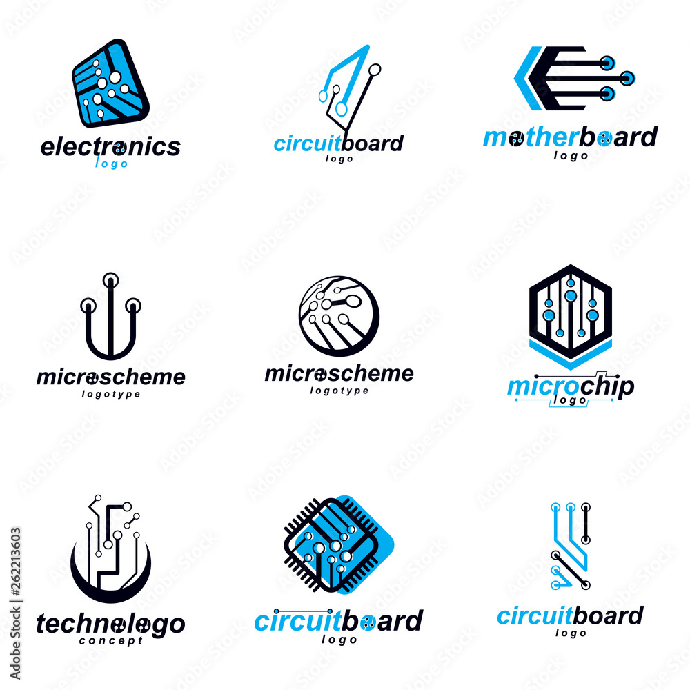 Poster technology communication cybernetic elements collection. vector abstract circuit board. set of elect