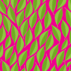 Fototapeta na wymiar Vector seamless texture with green leaves on a pink background