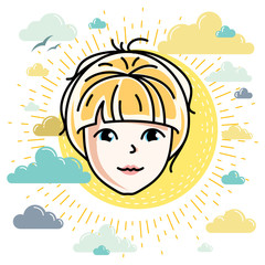 Beautiful women face, human head. Vector character, attractive blonde lady face features.