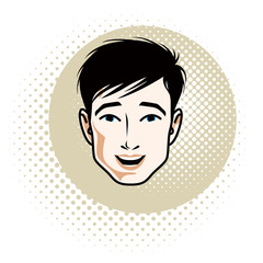 Man face, human head. Vector character, handsome brunet male with stylish haircut.