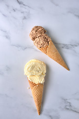 Ice cream in a waffle cone horn.