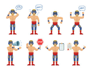 Set of lucha libre wrestlers posing in different situations. Cheerful luchador talking on phone, surprised, thinking, angry, holding stop sign, clipboard, loudspeaker. Flat vector illustration