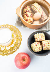 Nutritious breakfast boiled corn eggs and milk