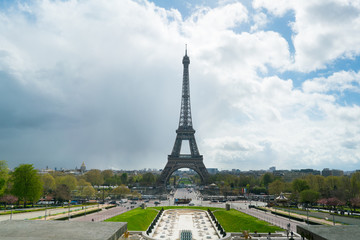 view of Eiffel Tower from Trocadero against a cloudy sky