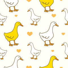 Duck seamless pattern vector illustration. Cute white and yellow ducks.