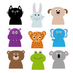 Animal head face body set. Cat, rabbit, hare, jaguar, dog, hippopotamus elephant bear frog koala. Cute cartoon character. Babykids children education. Flat design. Isolated. White background.