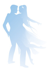 Silhouettes of couple of dancers holding each other. Girl with long hair and dancing clothes hugging her partner isolated on white background