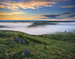 spring morning. canyon of the picturesque river. spring dawn