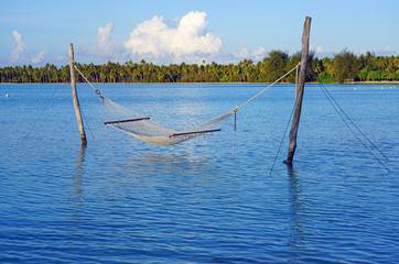 Hammock with a view, planted in the azure waters of the Bora Bora lagoon, French Polynesia - obrazy, fototapety, plakaty