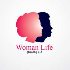 Woman getting old age years conceptual illustration, from woman to grandma, aging period and cycle of life. Vector simple classic concept icon or logo design.