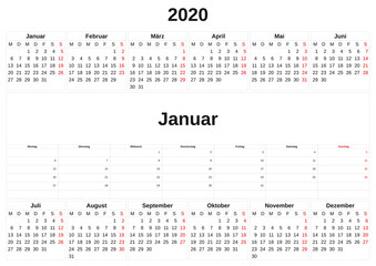 2020 a monthly calendar  with white background in German.
