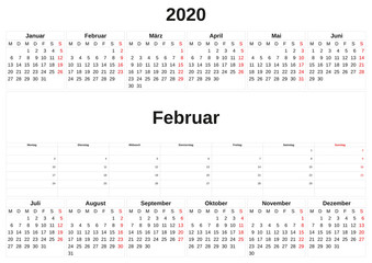 2020 a monthly calendar  with white background in German.