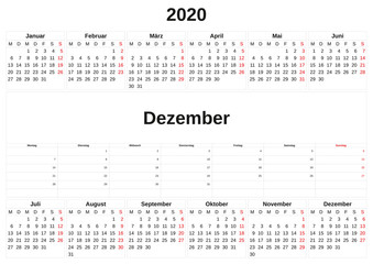 2020 a monthly calendar  with white background in German.