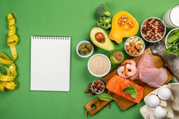 Mediterranean diet concept - meat, fish, fruits and vegetables on bright green background
