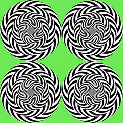 Optical illusion, moving effect of rotation. Seamless pattern with spin twiling circles. Op art background.