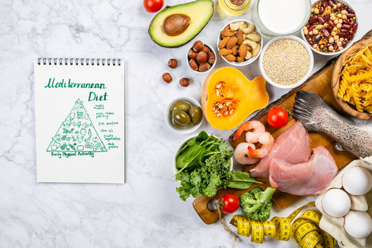 Mediterranean diet concept - meat, fish, fruits and vegetables on bright green background