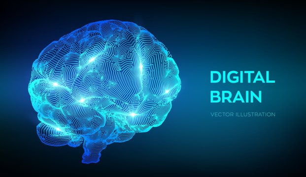 Brain. Digital brain. 3D Science and Technology concept. Neural network. IQ testing, artificial intelligence virtual emulation science technology. Brainstorm think idea. Vector illustration.