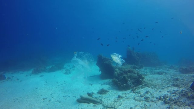 Plastic pollution problem in ocean. Bags, cups and straws discarded in sea and on coral reef 