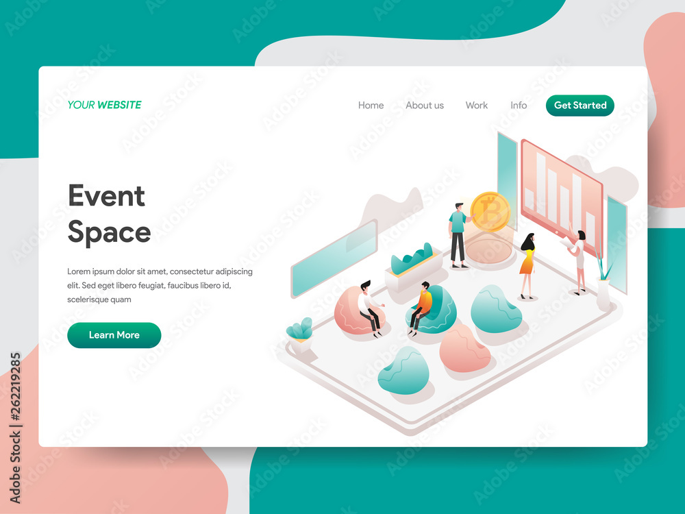 Poster landing page template of event space illustration concept. isometric design concept of web page desi