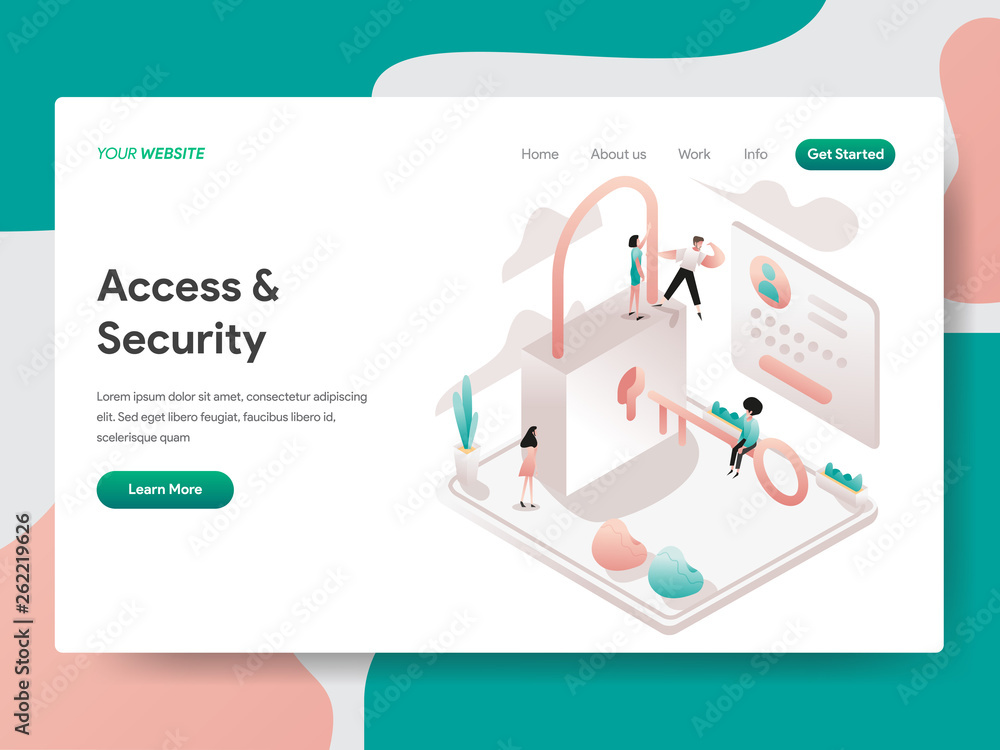 Poster landing page template of access and security illustration concept. isometric design concept of web p