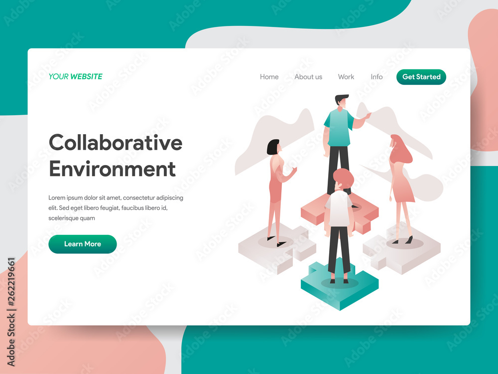 Poster landing page template of collaborative environment illustration concept. isometric design concept of