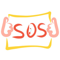 hands holding a sheet with a sad signal SOS