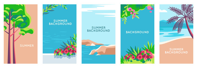 Vector set of social media stories design templates, backgrounds with copy space for text - summer landscape