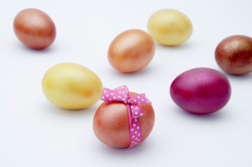 Easter eggs on a white background. Greeting card with Easter.