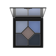 Make-up eyeshadow blue toned palette. Dramatic cobalt shade color eye shadow kit. Open black makeup container with mirror - top view, vector template