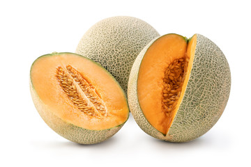 Close up, clipping path, cut out. Beautiful tasty sliced rock cantaloup melon isolated on white background