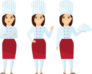 Characters set of smiling female cooks in restaurant . Collection of chef woman in white hat in different poses.