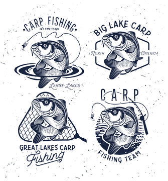 Vintage Carp Fishing Emblems and Labels. . Vector illustration.