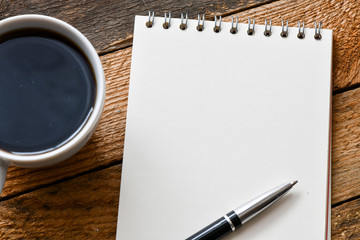 coffee cup, blank notepad and pen on wooden background, top view  - Powered by Adobe