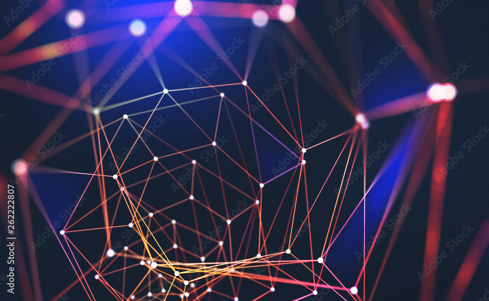 Poster Digital Web. Global computer wireless network. Abstract 3D illustration of a flaming polygonal mesh with a shallow depth of field