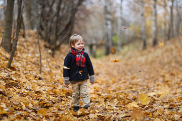 Boy in coat with autumn leaves in park,autumn mood