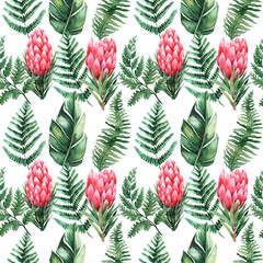 Watercolor seamless pattern with tropical leaves and flowers. Greenery. Succulent. Floral Design element. Perfect for invitations, cards, prints, posters