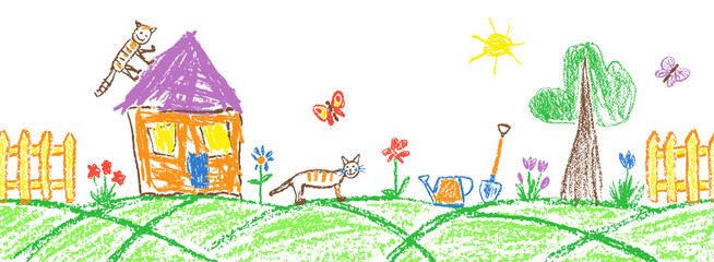 Summer garden or village seamless border. Gardening tools and funny doodle tabby cat. Like child hand drawing outdoor copy space. Crayon, pastel chalk or pencil vector flower, fence, house, rubber boo © larisa_zorina