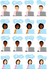 Set of helpline operator with headset consulting client and shopping icons . Set of shopping icon, avatar of online customer support service assistants with headphones.