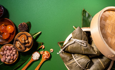Close up, copy space, top view, flat lay. Famous asian chinese tasty handmade food in duan wu...