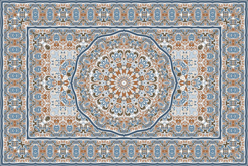 Vintage Arabic pattern. Persian colored carpet. Rich ornament for fabric design, handmade, interior decoration, textiles. Blue background. - 262224295
