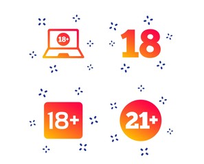 Adult content icons. Eighteen and twenty-one plus years sign symbols. Notebook website notice. Random dynamic shapes. Gradient adult content icon. Vector