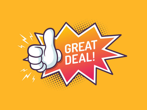 Great deal sign with thumb up and starburst in pop art style vector illustration
