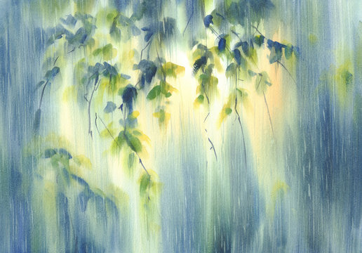 rainy forest in the green light watercolor background © Egle